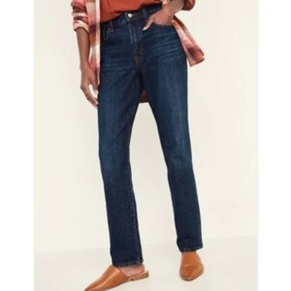 NWT Old Navy Jeans High-Waisted Slouchy Straight Dark-Wash Denim Pants Button Up - Picture 1 of 5
